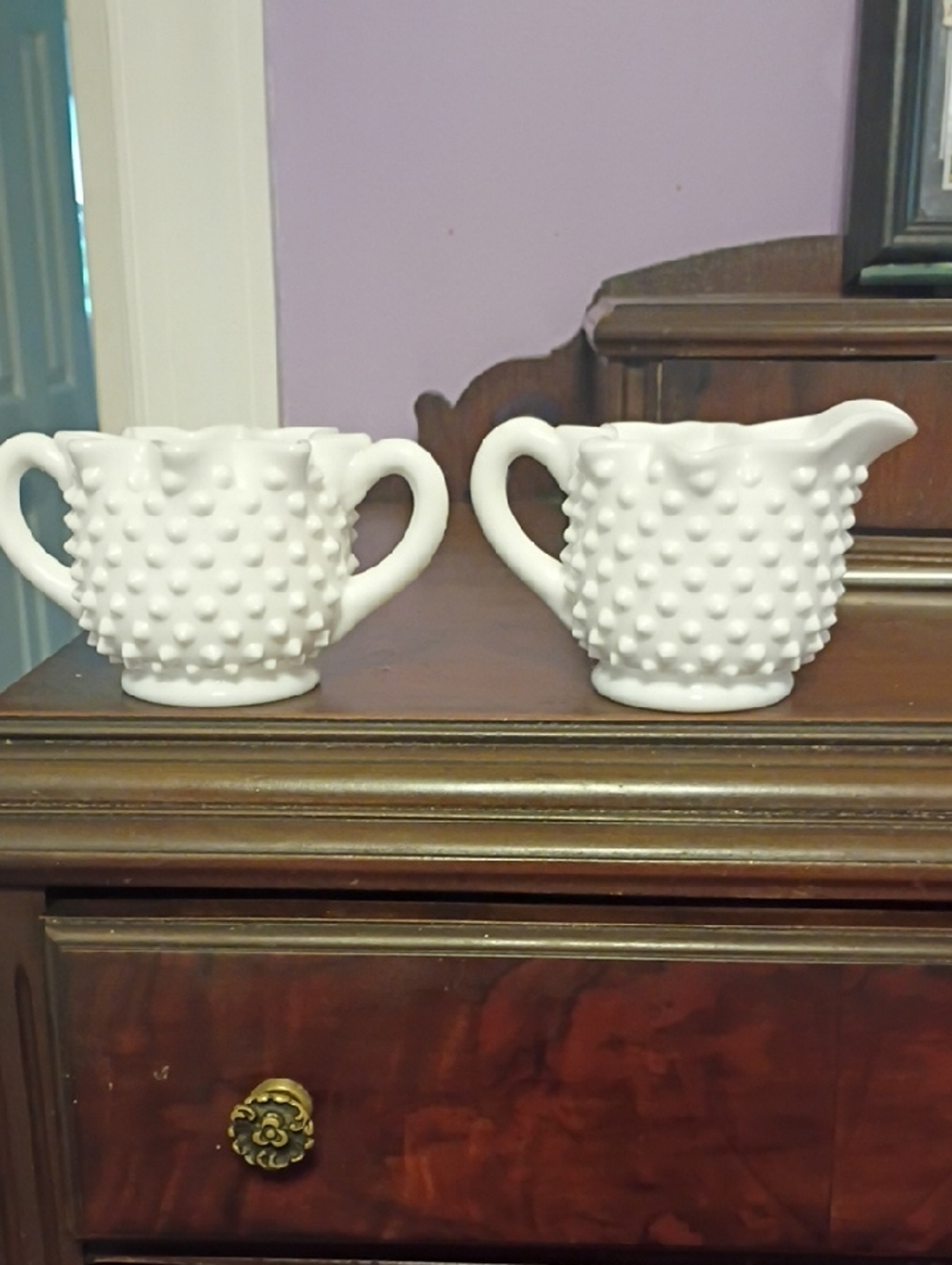 White Hobnail Milk Creamer and Sugar Bowl Set